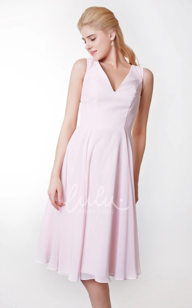 V-neck Tea Length Bridesmaid Dress Simple & Elegant