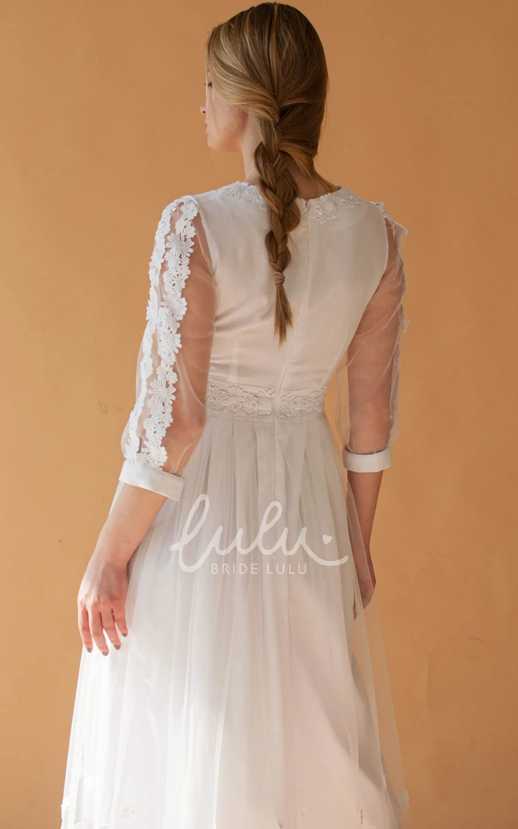 Tulle Bateau A-line Tea-length Wedding Dress Vintage and Delicate