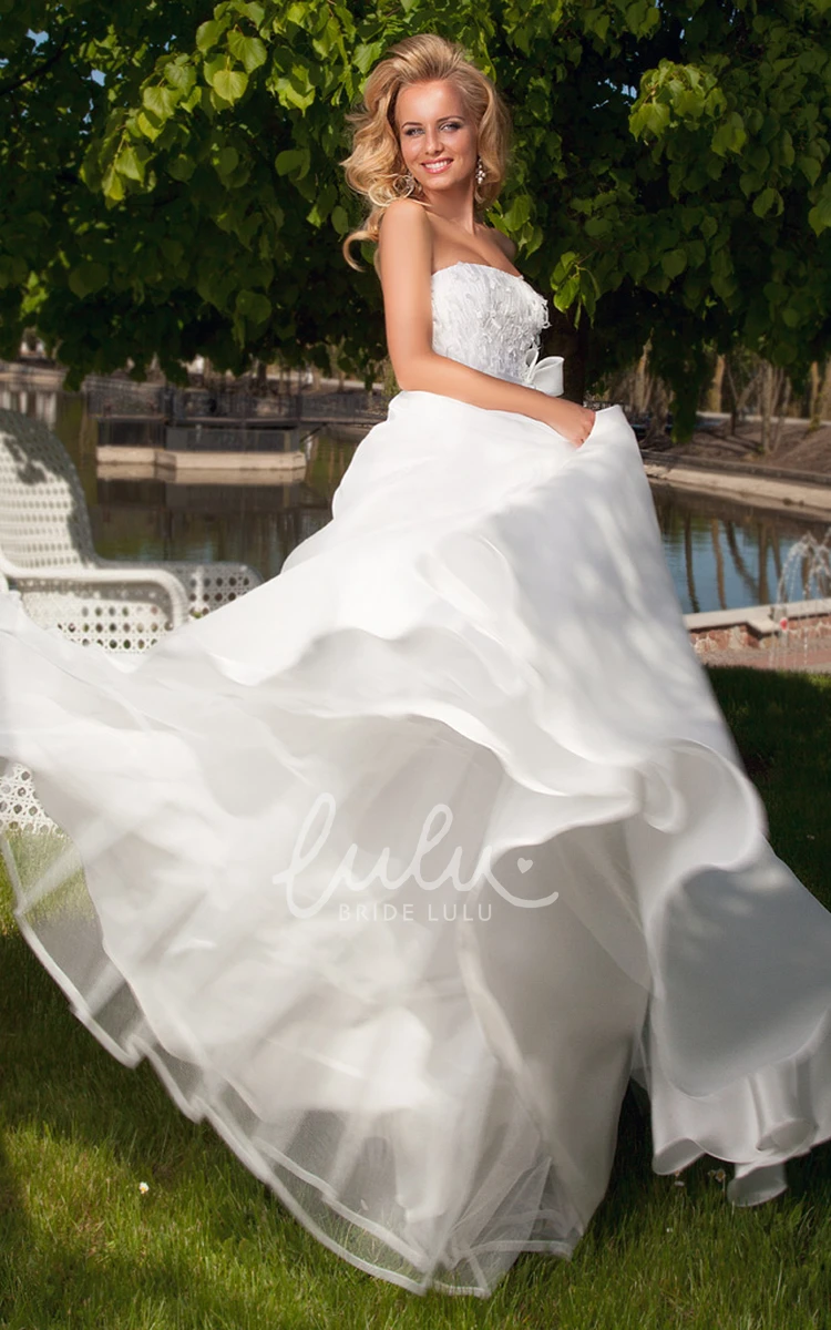 Satin Strapless Sleeveless Ball Gown Wedding Dress with Lace-Up Back and Bow Classy Bridal Gown