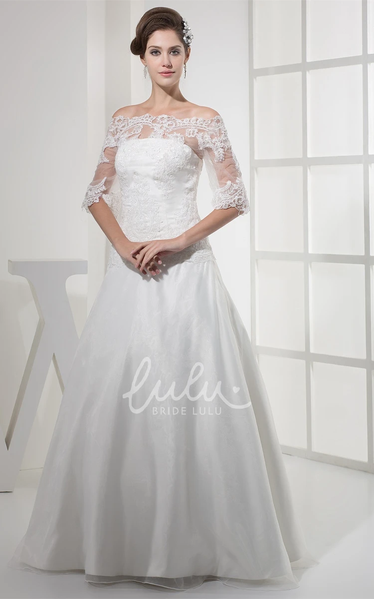 A-Line Lace Wedding Gown with Appliques Half Sleeves Off-The-Shoulder