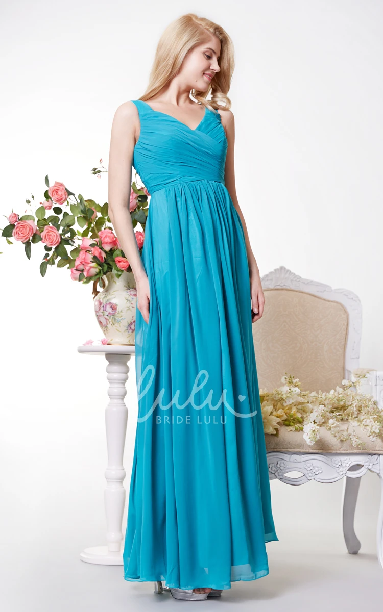 Chiffon Bridesmaid Gown with V-neck and Squared Back Ruching