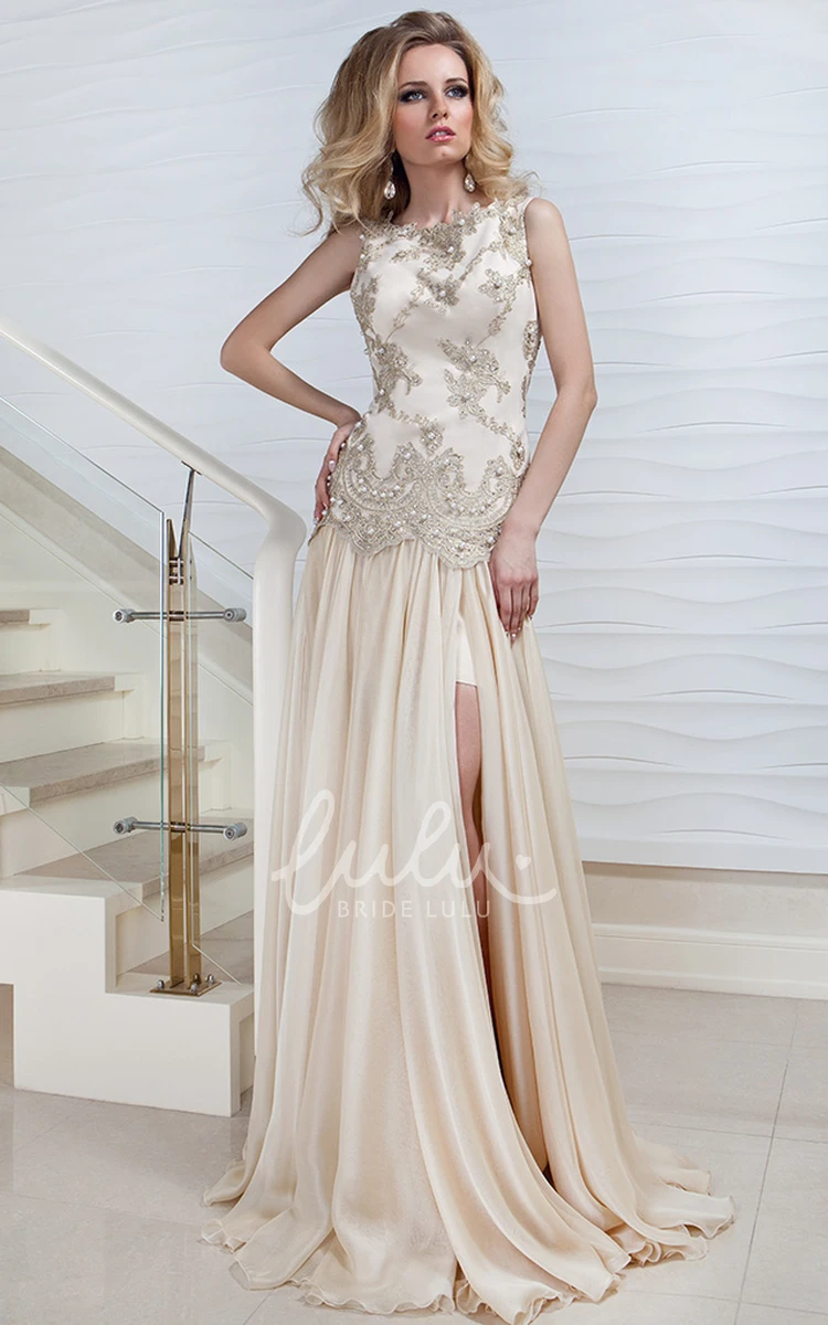 Jewel-Neck Satin Sleeveless Sheath Prom Dress with Split-Front Beading and Appliques