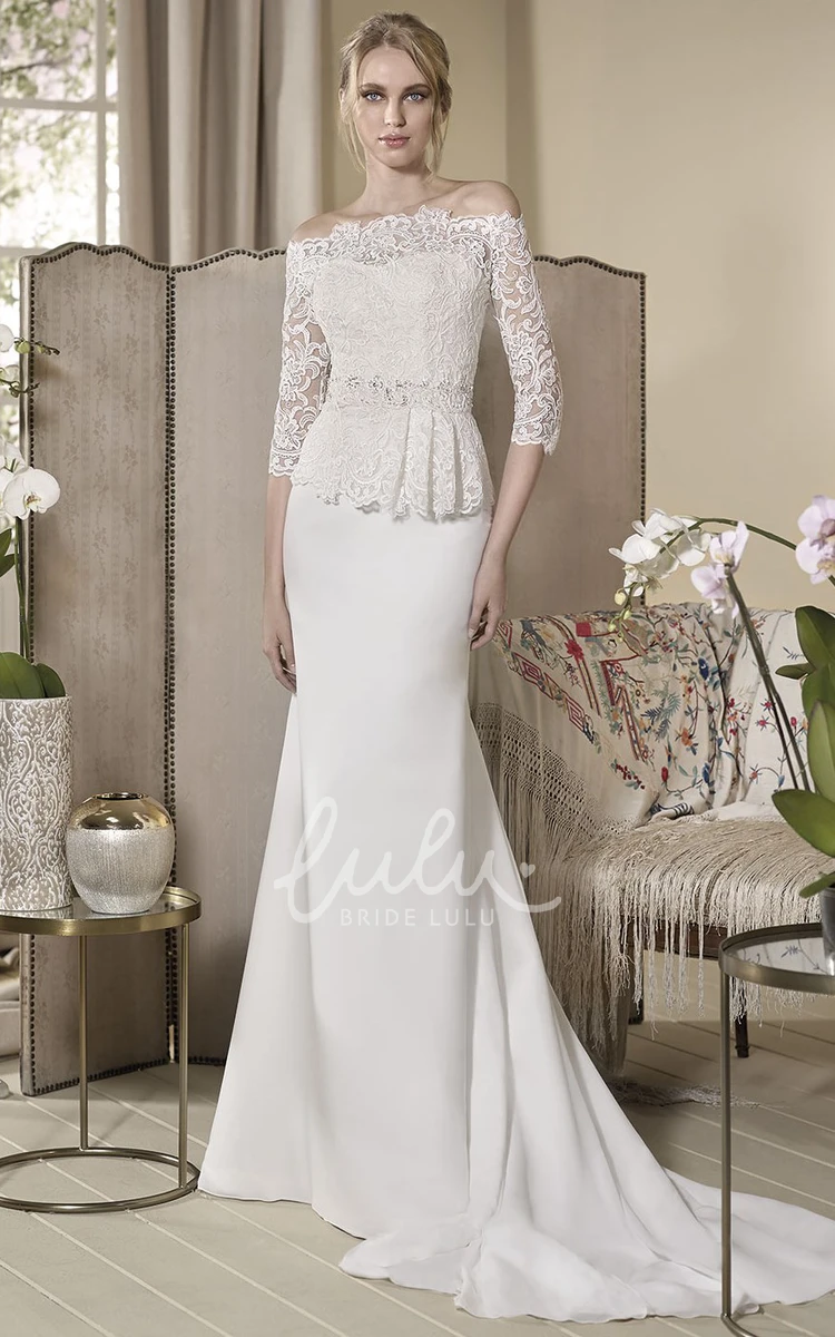 Off-The-Shoulder Peplum Wedding Dress with Half-Sleeves and Lace