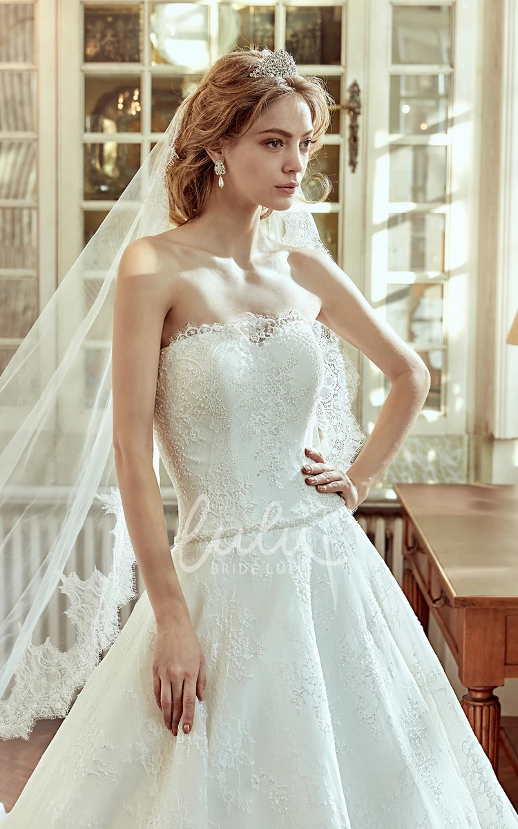 Lace Strapless Wedding Dress with Waist Draping and Court Train Elegant Bridal Gown