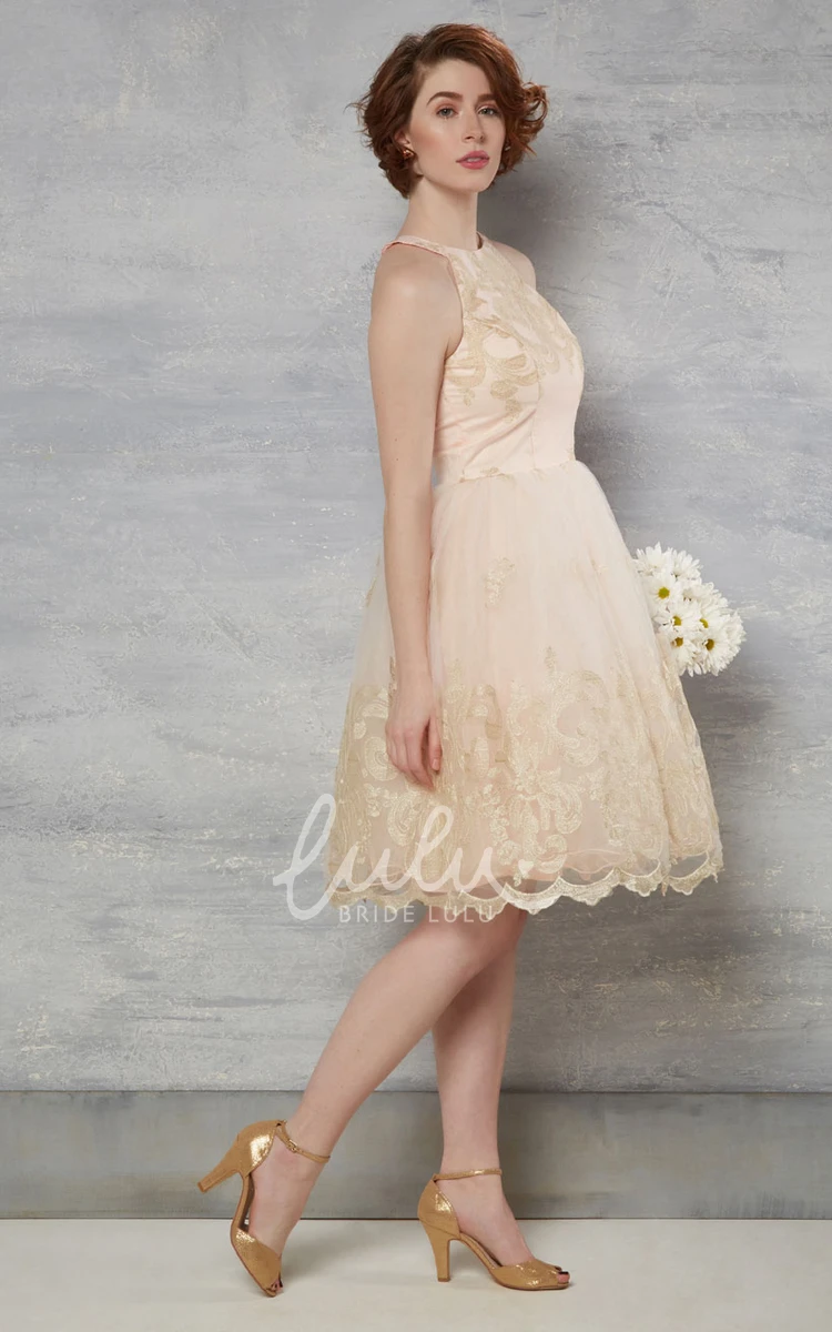 Tulle Wedding Dress with Appliques High Neck Sleeveless Knee-Length A-Line