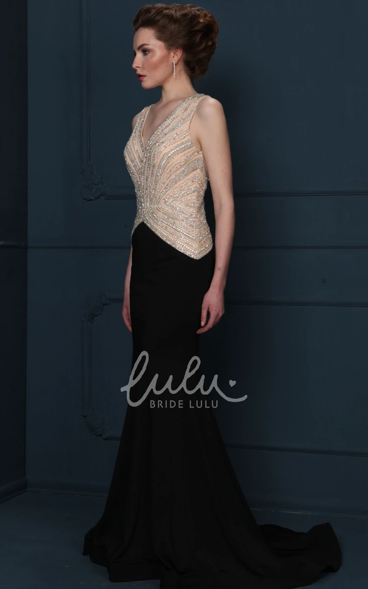 V-Neck Beaded Jersey Evening Dress with Sweep Train and V Back Prom Dress