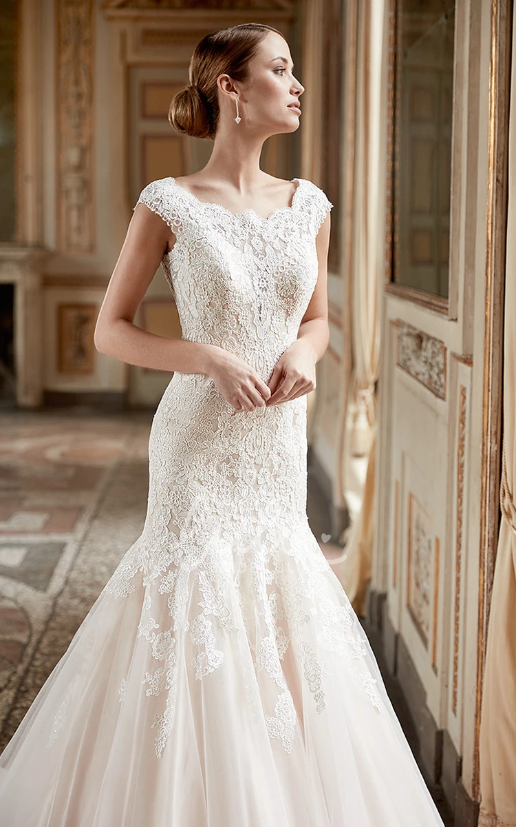 Cap-Sleeve Scoop-Neck Lace&Tulle Mermaid Wedding Dress