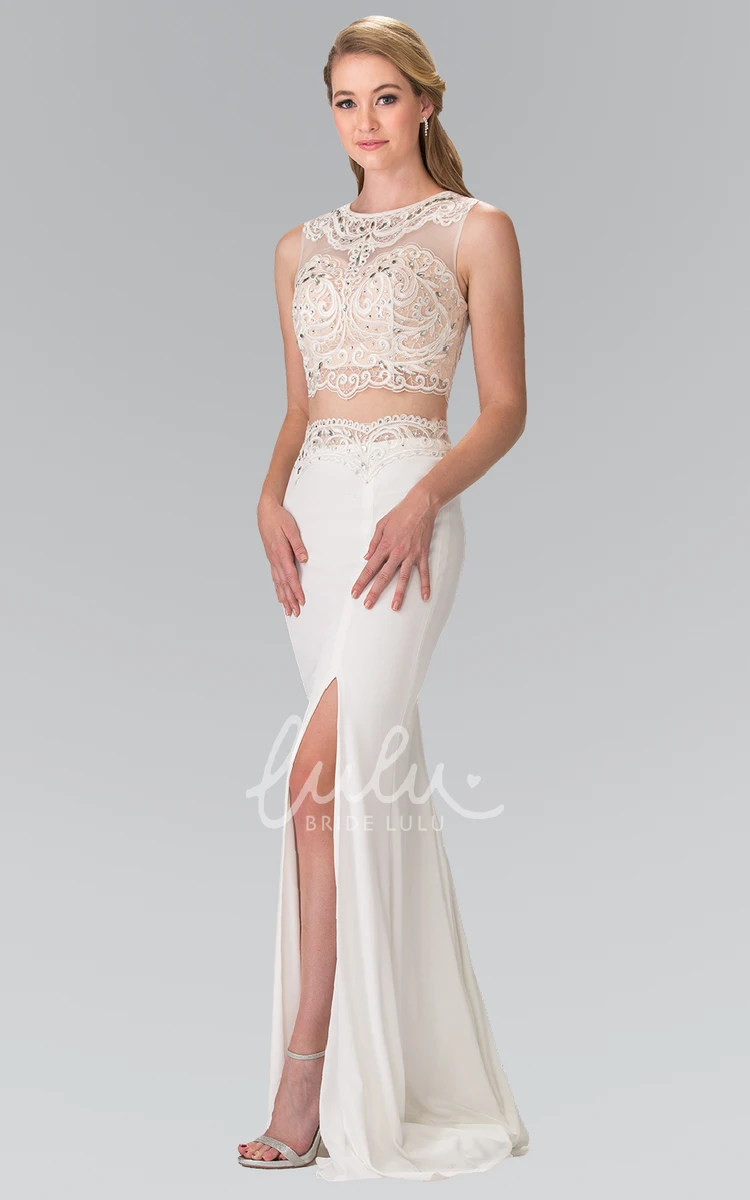 Illusion Two-Piece Sheath Scoop-Neck Sleeveless Prom Dress with Beading