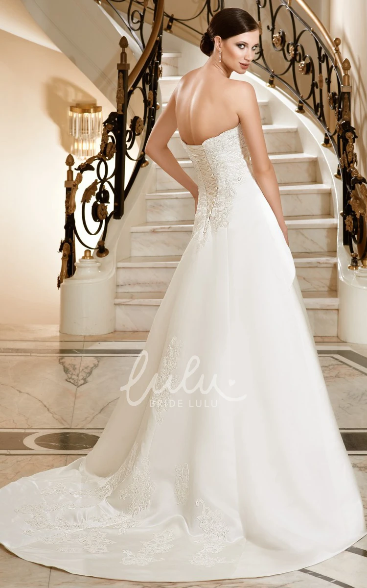 Satin A-Line Strapless Wedding Dress with Appliques and Side Draping