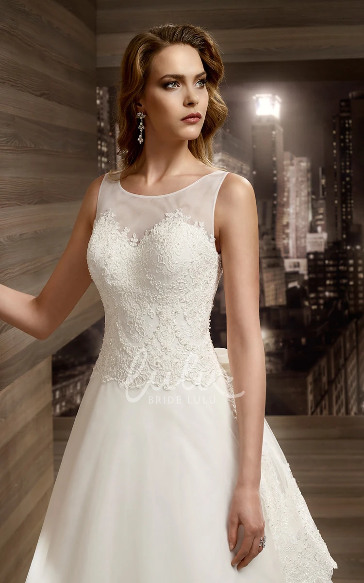 Cap Sleeves Keyhole Back A-Line Wedding Dress Illusion Jewel-Neck Tiers Train