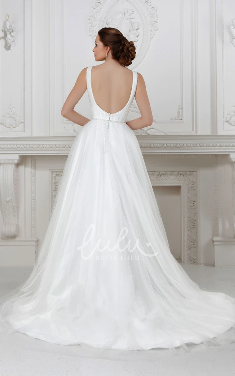 Floor-Length A-Line Tulle&Satin Wedding Dress with Beading Simple and Classy Bridal Gown