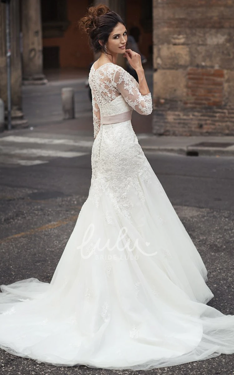 Lace&Tulle Maxi Wedding Dress with 3-4-Sleeves and Flower Unique Wedding Dress