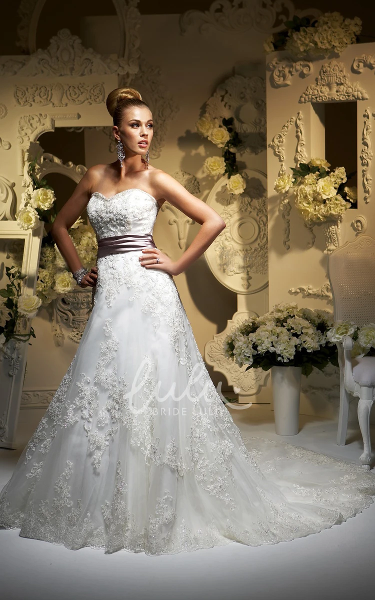 Long Sweetheart Wedding Dress with Appliques and Ruched Bow Sash Classic Bridal Gown