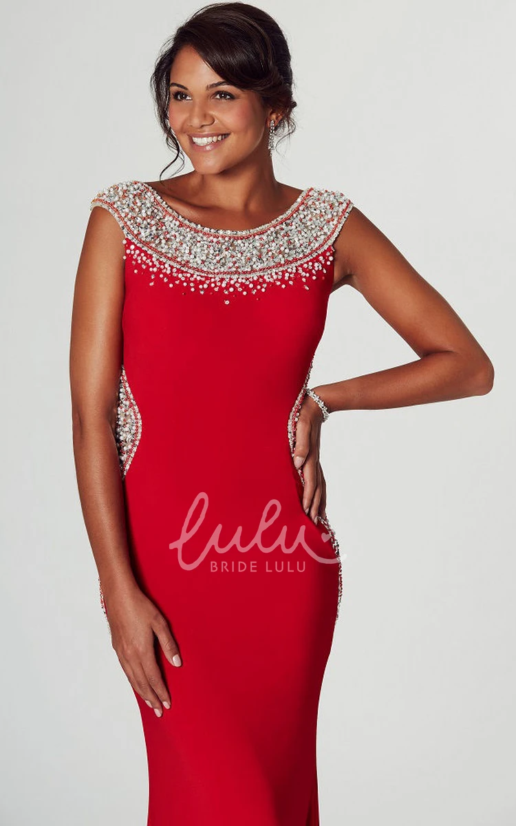 Cap-Sleeve Beaded Bateau Midi Jersey Prom Dress with Brush Train Unique Prom Dress for Women