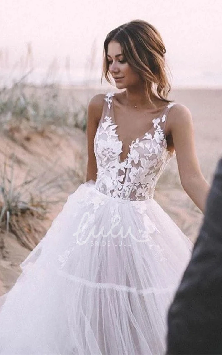 Lace Tulle V-Neck Ball Gown Wedding Dress with Appliques Casual Wedding Dress