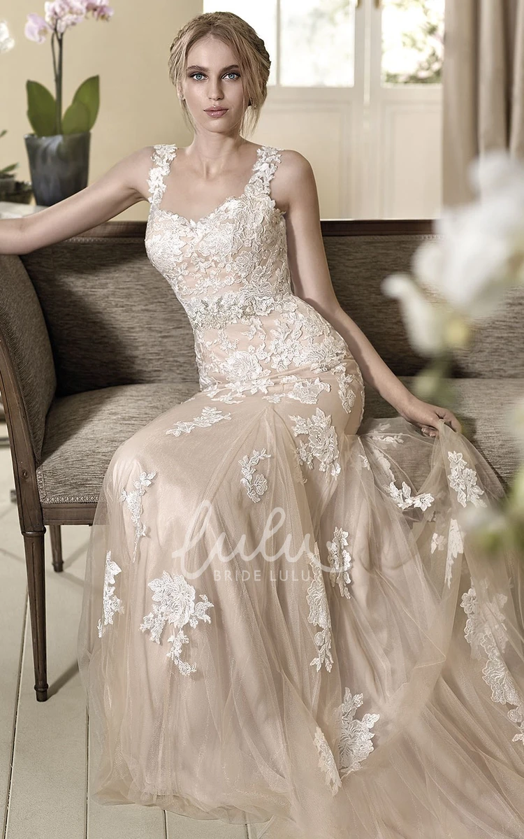 Beaded Tulle&Lace Square-Neck Sheath Wedding Dress