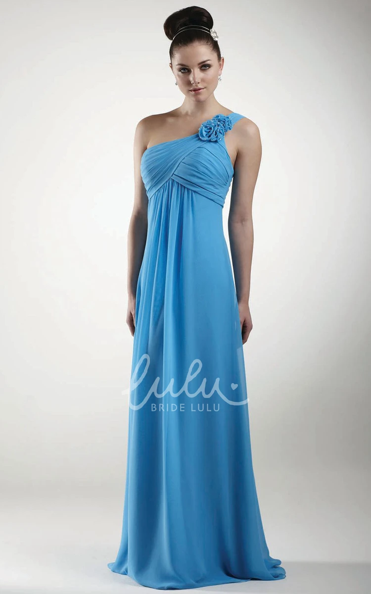 Empire Chiffon Bridesmaid Dress with One-Shoulder Ruching and Flower Accent