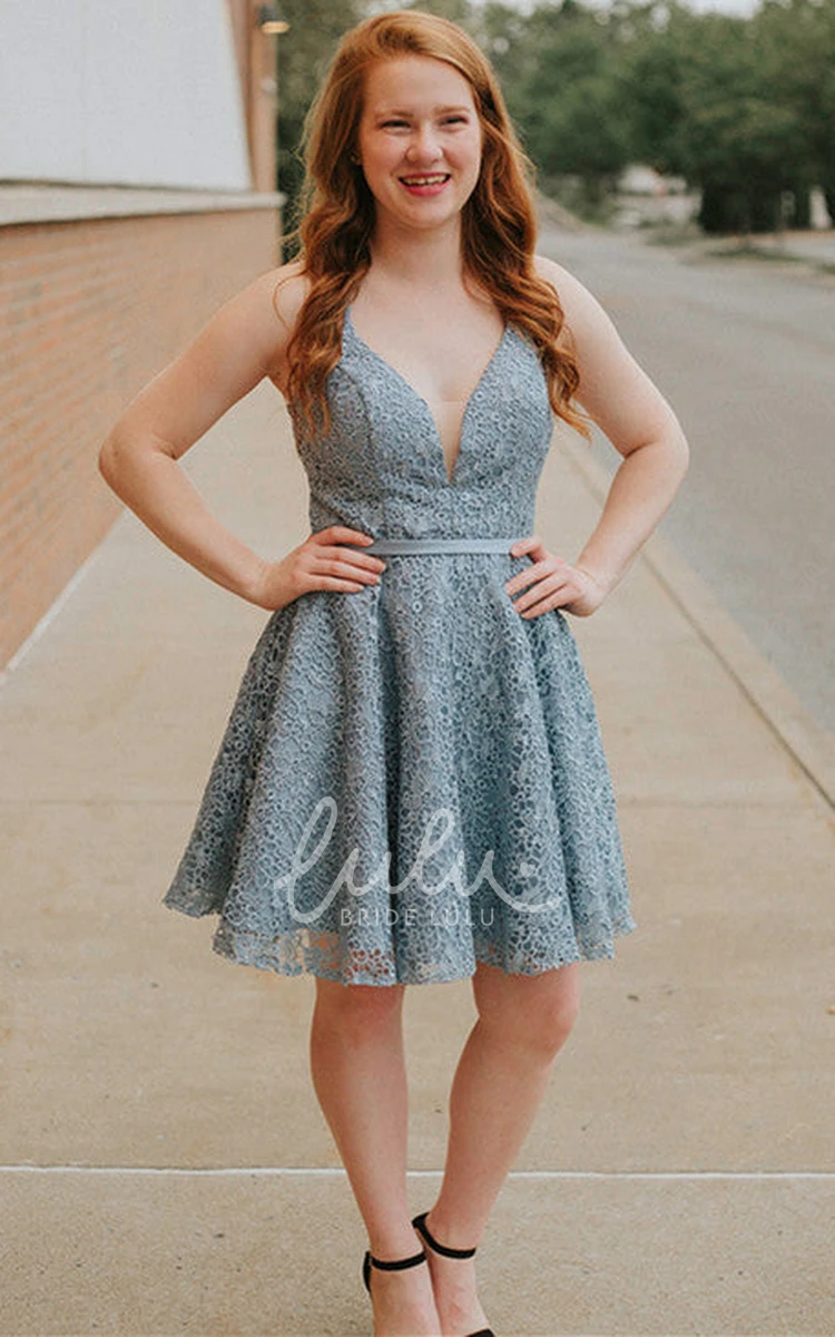 Lace Plunging A-Line Homecoming Dress with Open Back Casual Formal Dress