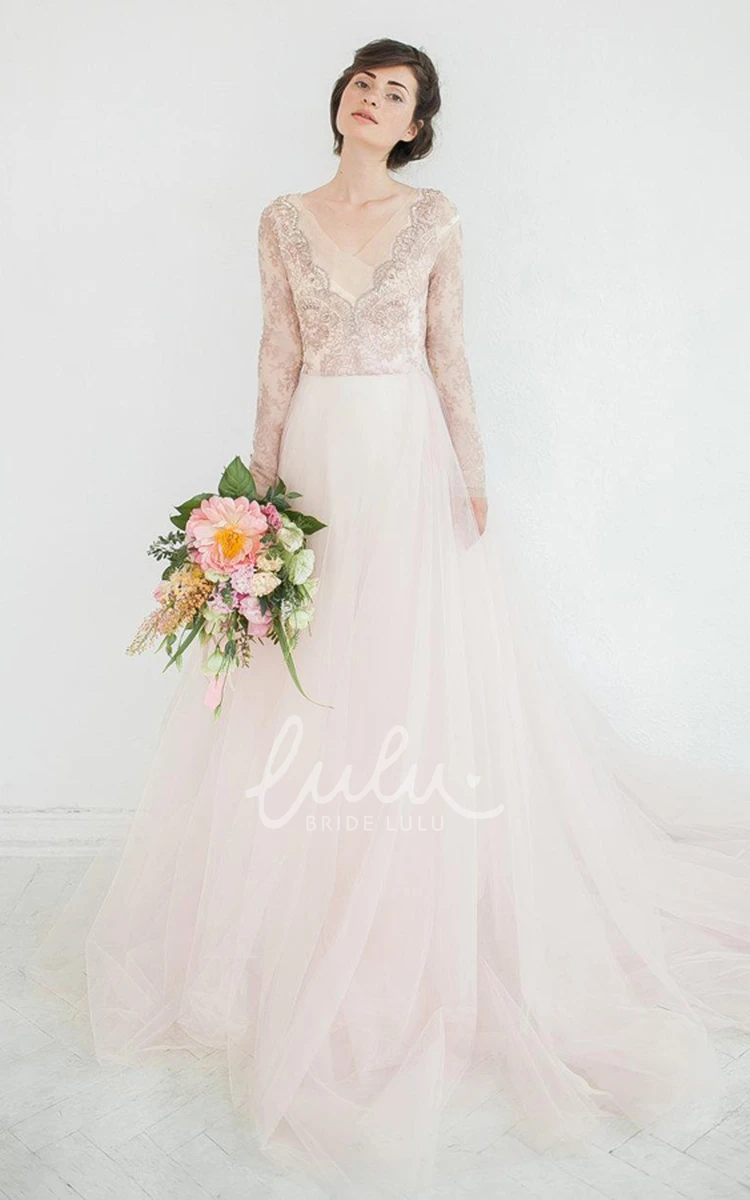 Beaded Illusion A-Line Wedding Dress with V-Neck and Long Sleeves