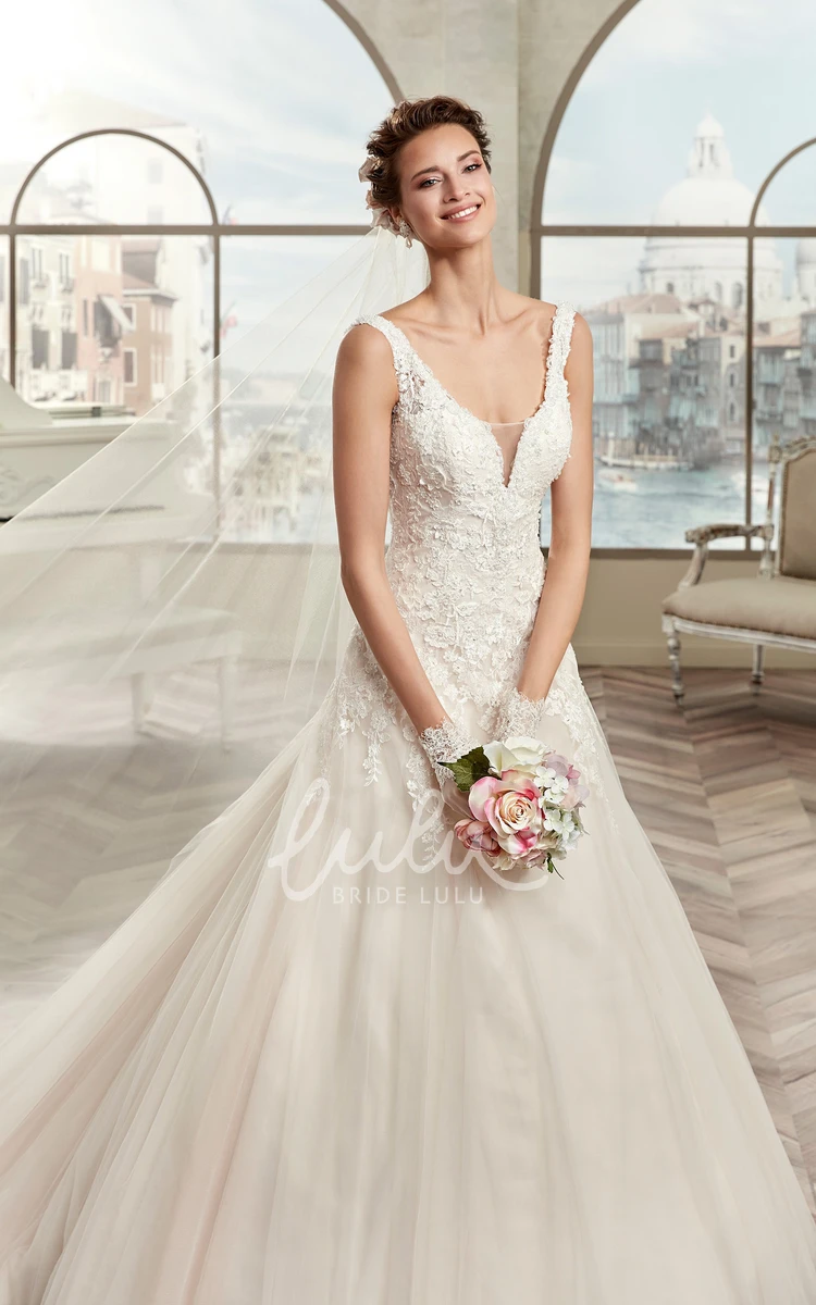 Cap-Sleeve A-Line Wedding Dress with V-Neck and Brush Train