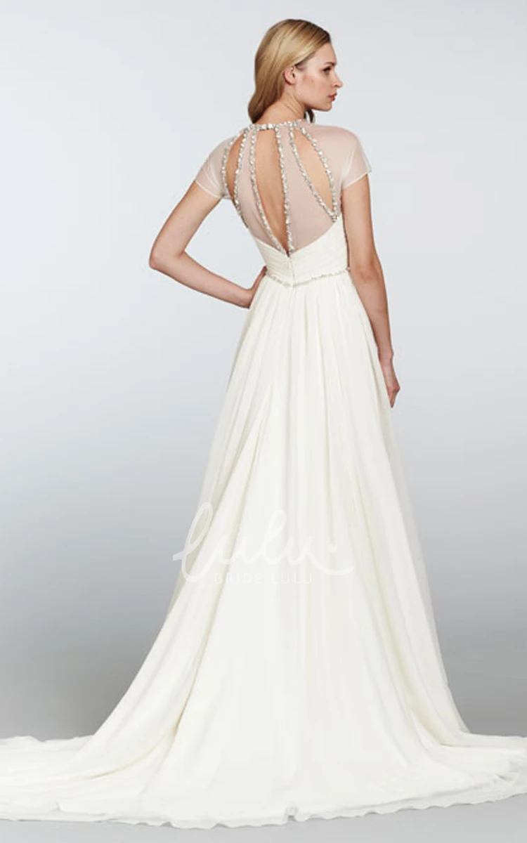 Draped Sheath Illusion Neckline Wedding Dress with Beaded Belt