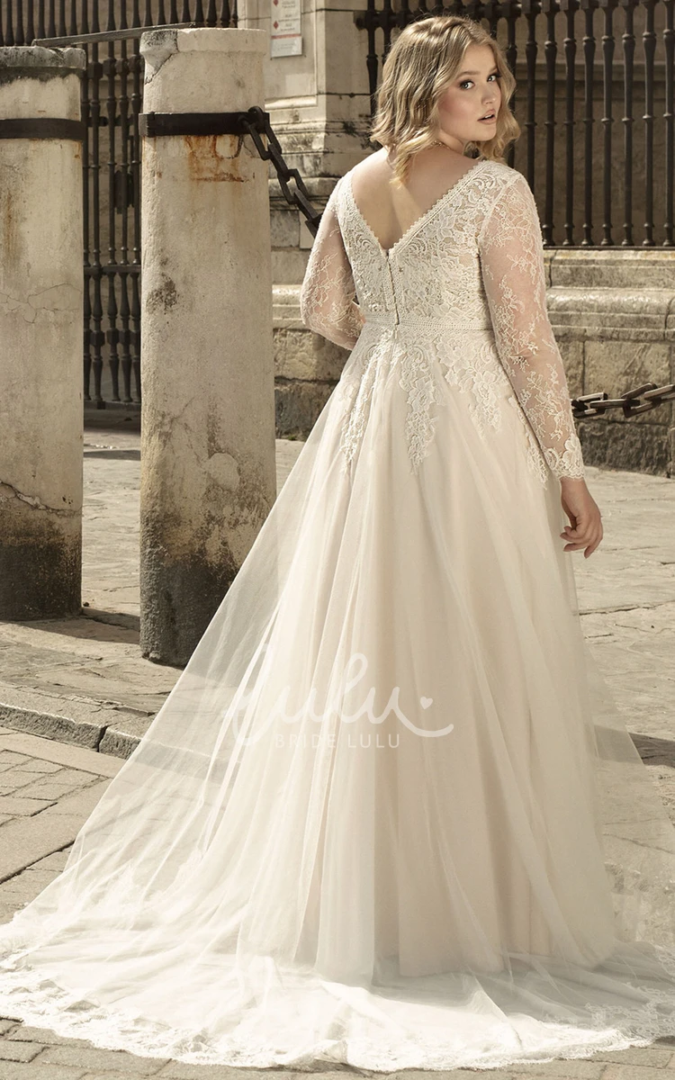 Long Sleeved V-neck A-line Wedding Dress with Court Train & Appliques Classy & Modern