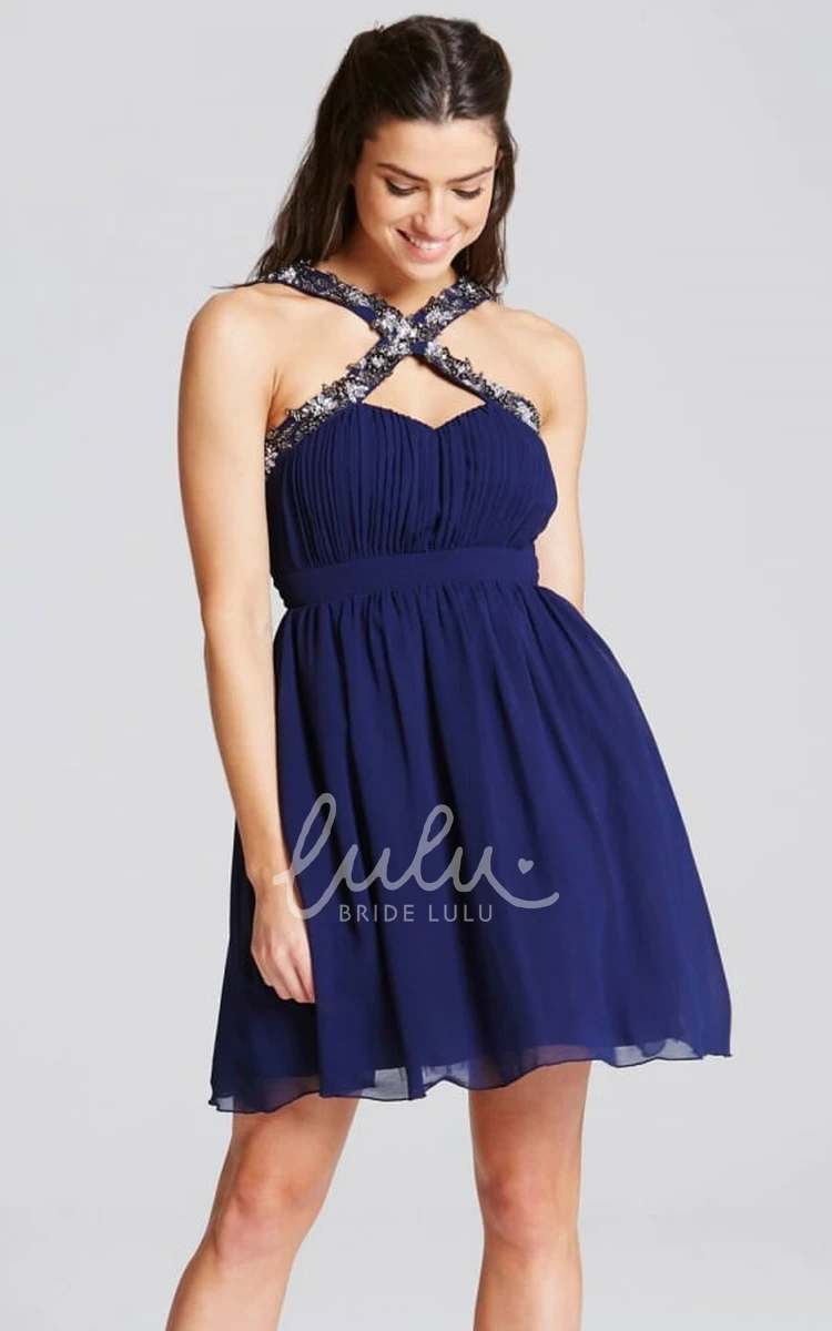 Beaded Chiffon Bridesmaid Dress Sleeveless Strapped Mini Style with Ruching