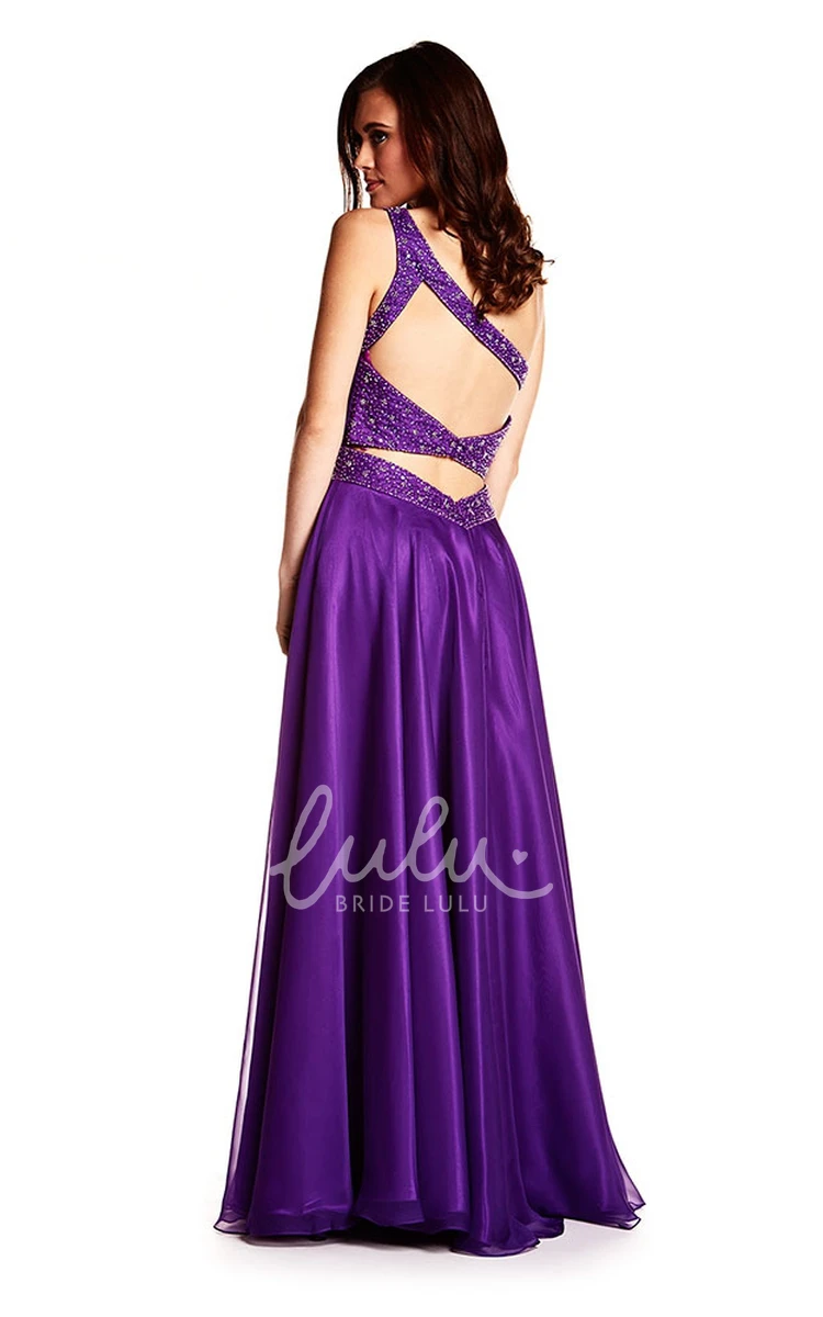 One-Shoulder A-Line Satin Prom Dress with Beading Sleeveless Ruched Floor-Length