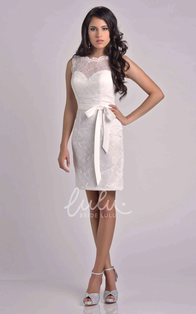 Sleeveless Lace Sheath Bridesmaid Dress with Detachable Bow Short