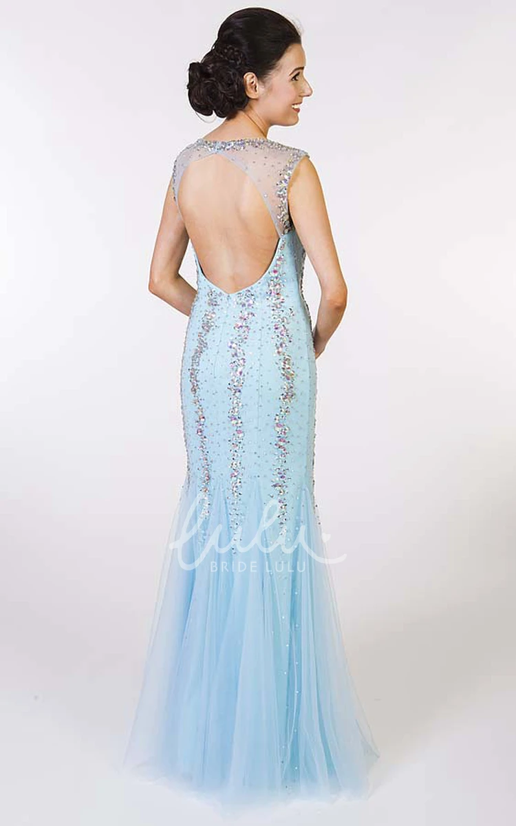 Sleeveless Beaded Sheath Tulle Prom Dress Scoop-Neck Floor-Length