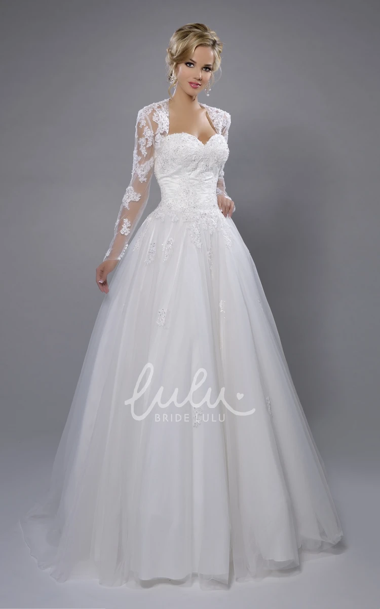 A-Line Tulle Wedding Dress with Lace Bodice Sweetheart Long Sleeve Classic