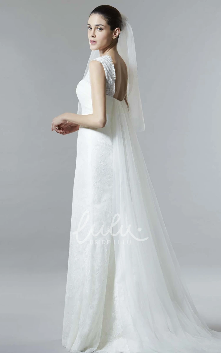 A-Line Jewel Long Lace Wedding Dress with Ruched Cap-Sleeves Simple Wedding Dress