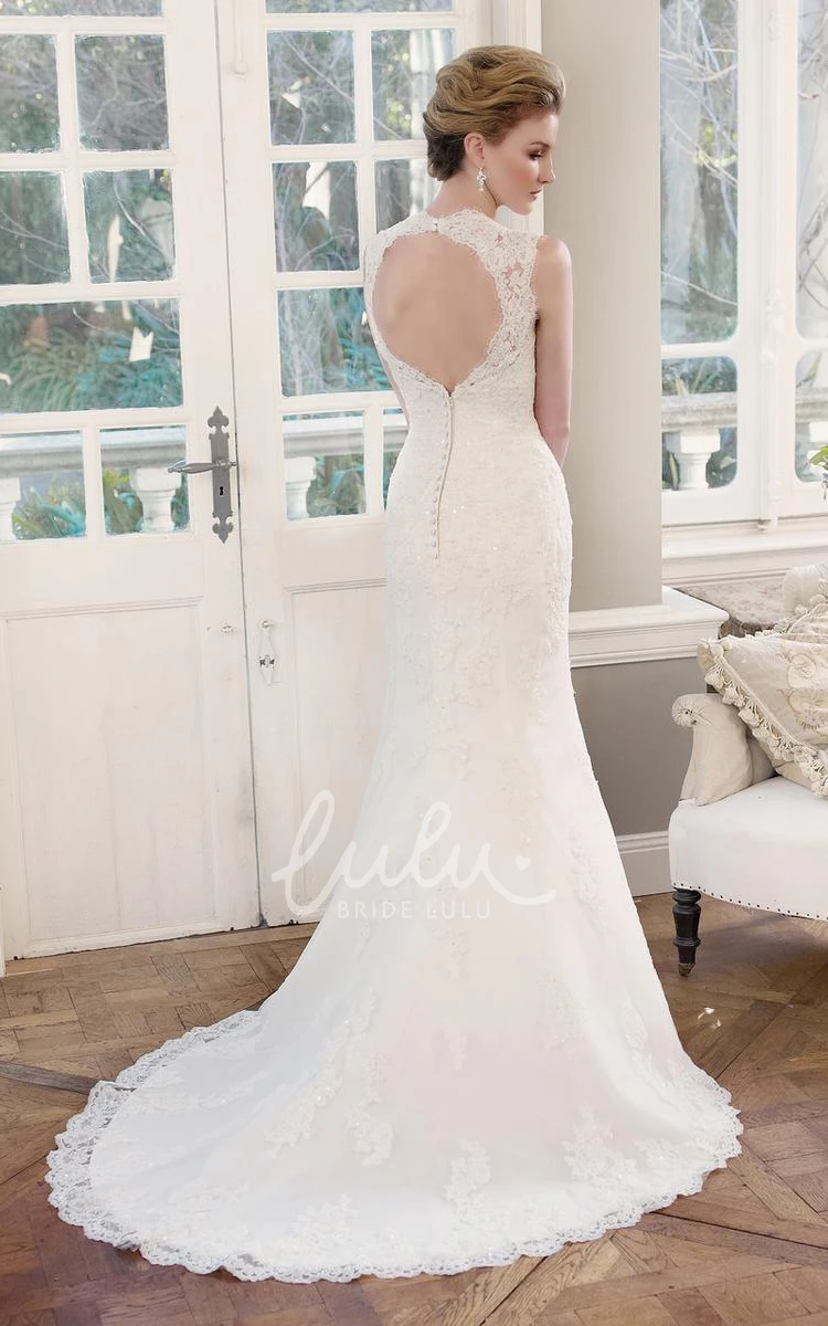 V-Neck Lace Wedding Dress with Appliques and Keyhole Back Sleeveless Sheath Style