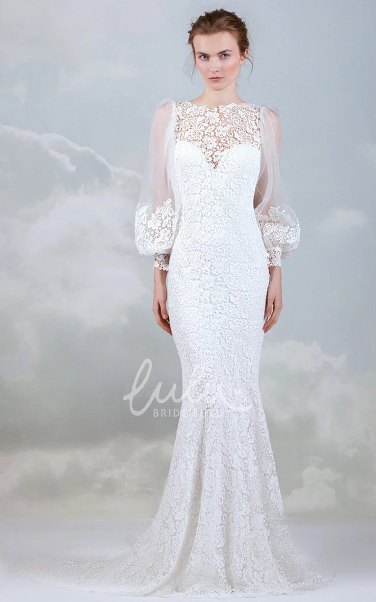 Bateau Neckline Mermaid Lace Wedding Dress with Long Sleeve Romantic & Elegant