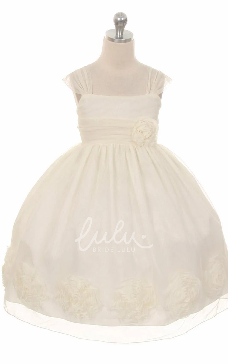 Pleated Empire Flower Girl Dress with Floral Design Tea-Length