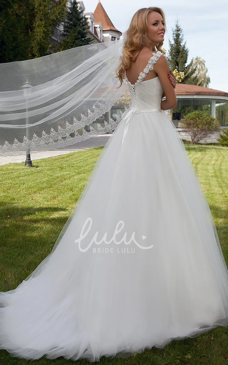Strapped Tulle Ball Gown Wedding Dress with Beading and Bow Classic Bridal Gown