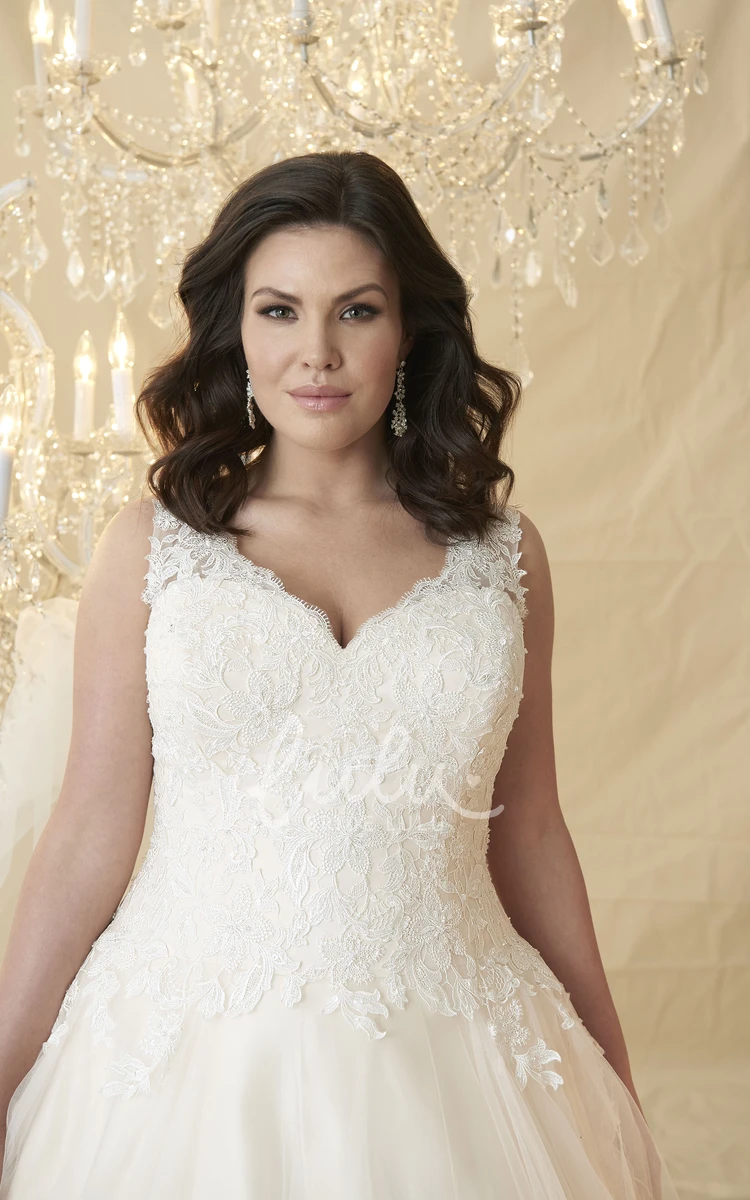 Ball Gown V-Neck Beaded Sleeveless Tulle&Lace Plus Size Wedding Dress Glamorous Ball Gown Wedding Dress