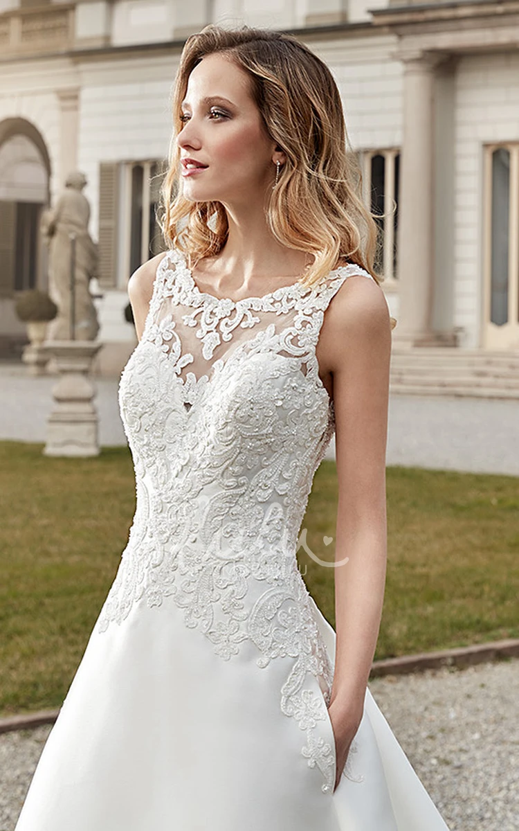 A-Line Satin Wedding Dress with Appliques Sleeveless and Scoop-Neck Classic Bridal Gown