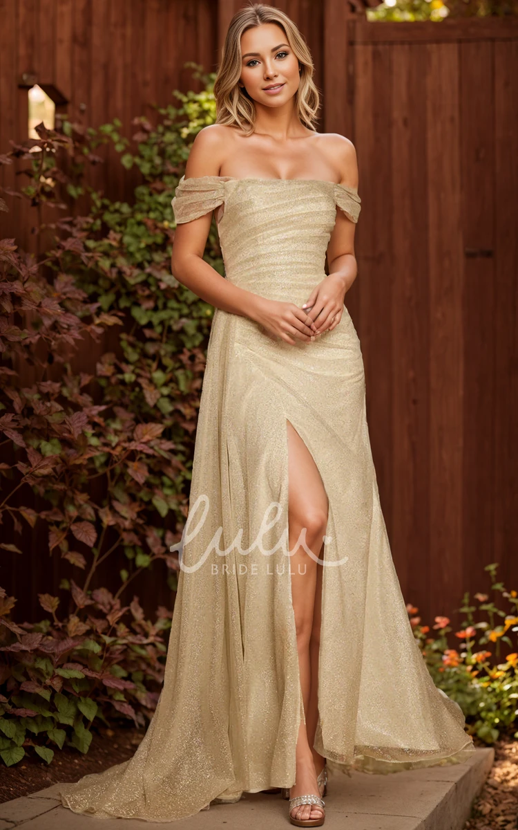 Modern Modest Unique Sheath Sequins Wedding Dress Sparkly Flowy High Slit Bridal Evening Party Gown