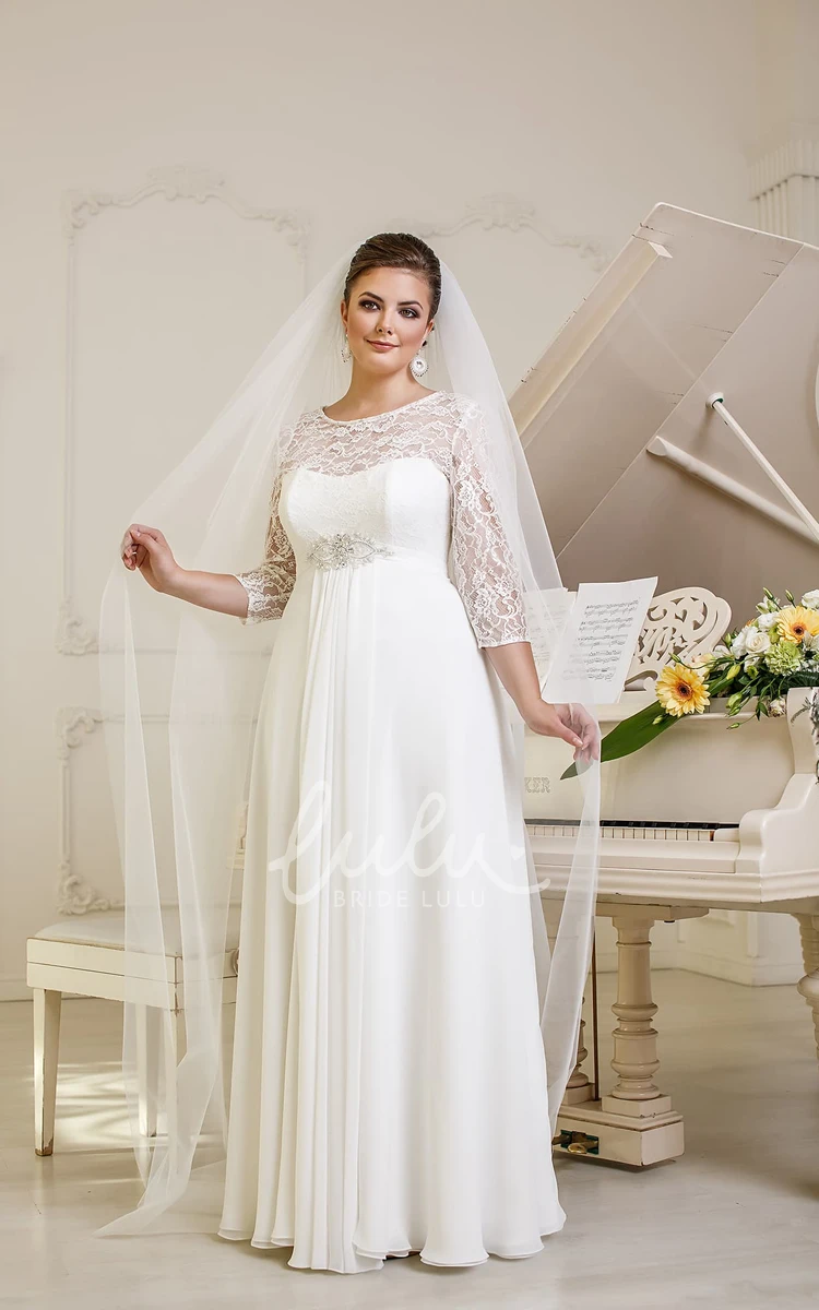 Beaded A-Line Empire Jewel-Neck Illusion-Sleeve Wedding Dress