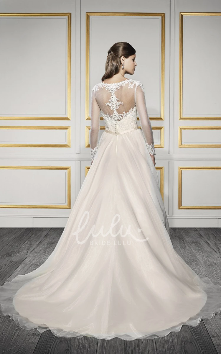 Appliqued Tulle Long-Sleeve Wedding Dress with Court Train Elegant Bridal Gown