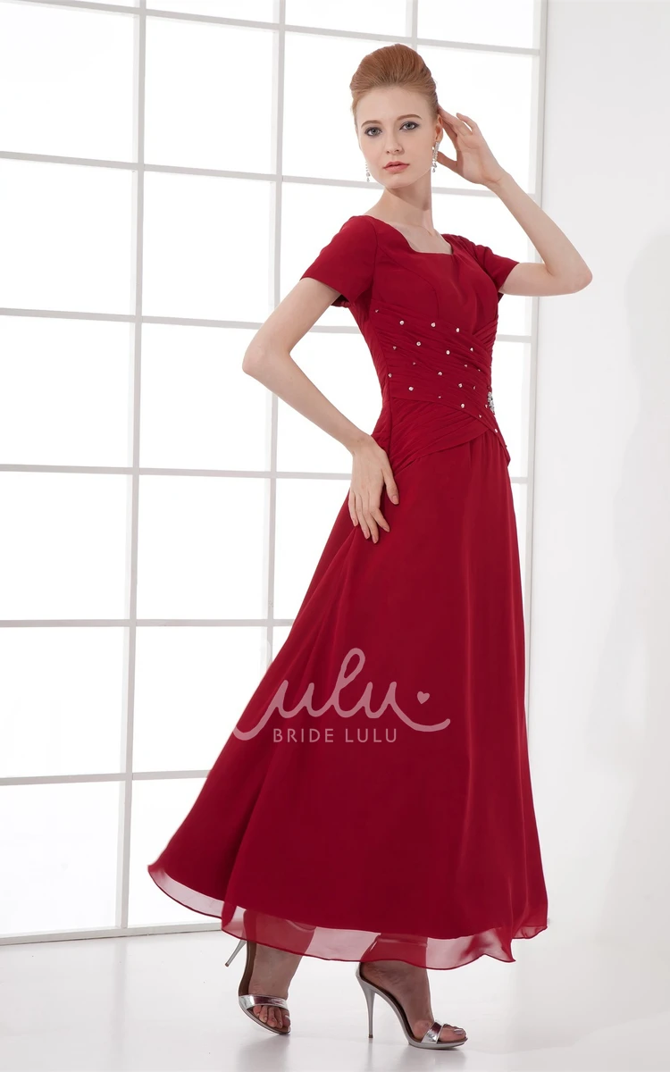 Short Sleeve Square Neck Bridesmaid Dress with Broach and Ruching Ankle Length