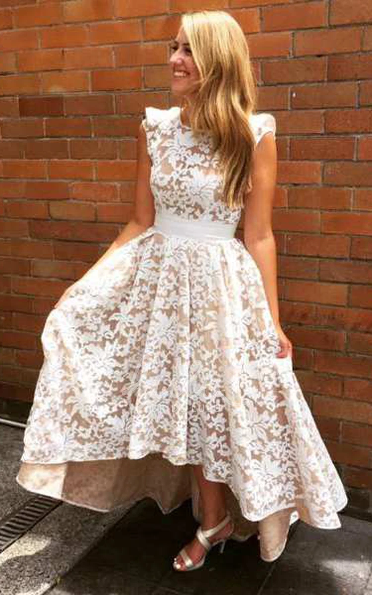 Lace Cap Sleeve High Low Formal Dress with Bandage Waist