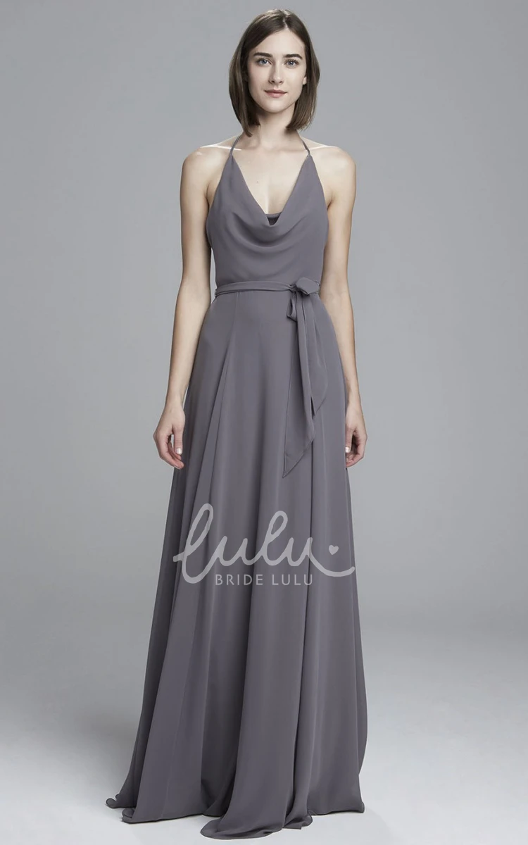 A-Line Sleeveless Floor-Length Chiffon Bridesmaid Dress with Pleats and Cowl Neck
