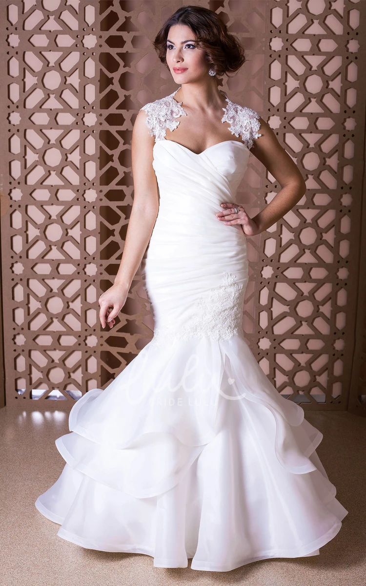 Mermaid Organza Wedding Dress with Appliques and Cap-Sleeves