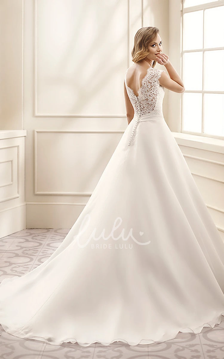 V-Neck Cap-Sleeve A-Line Chiffon&Lace Wedding Dress with Jeweled Appliques Modern Bridal Gown