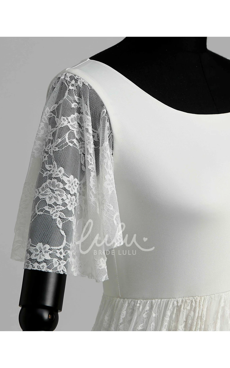 Maternity Wedding Dress Satin Lace A-line Scoop Illusion Short Sleeve with Pleats