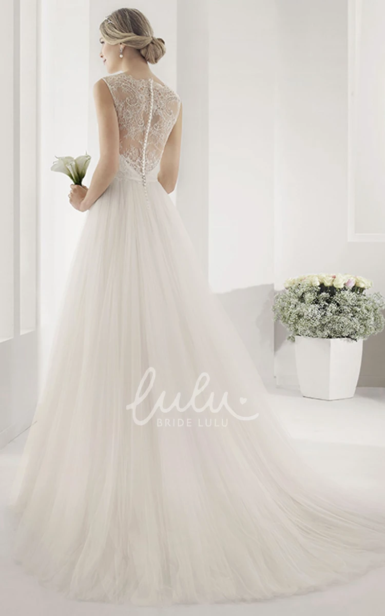 V-neck Wedding Dress with Embroidered Top Tulle Skirt and Waist Flower