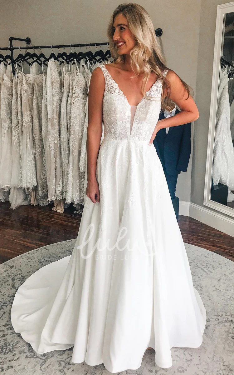Satin Plunging Neckline Wedding Dress with Appliques Casual & Low V-Back A-Line