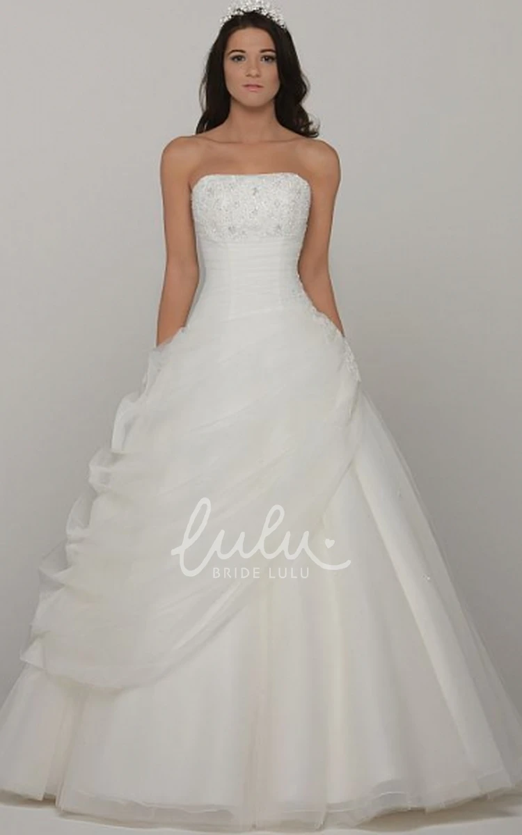 Strapless Sleeveless Ball Gown Tulle Wedding Dress with Pick Up Long Beaded